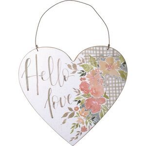 Hello Love Heart Shaped Floral Wood Hanging Décor 9 Inches